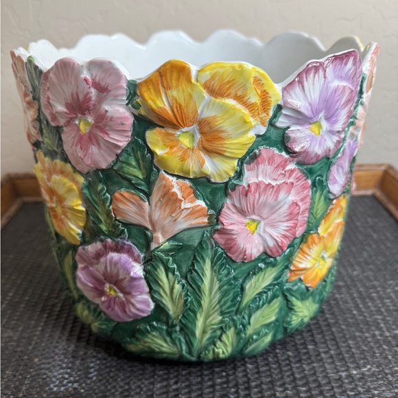 Vintage Italian Floral Majolica Style Cache Pot -LARGE
